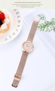 Détail d'une montre rose dorée avec cadran étoilé et bracelet milanais sur une assiette