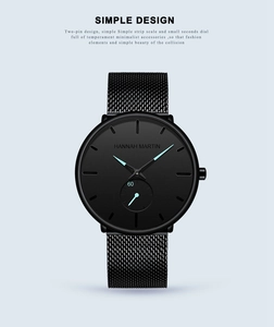 Detail of minimalist black quartz watch featuring a mesh band and a small seconds sub-dial