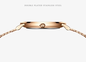 Side view of ultra-thin rose gold stainless steel watch with double plated finish