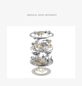 Detailed exploded view of internal Swiss quartz movement with gears and plates