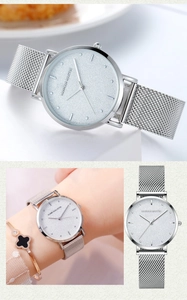 Vue détaillée de la montre Hannah Martin argentée avec bracelet maille et cadran étoilé