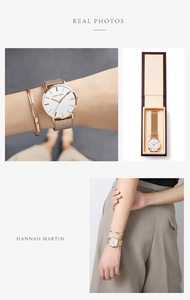 Detail showing elegant rose gold watch with mesh strap and bracelet in gift box