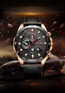 Close-up of racing chronograph watch with rose gold case and black leather strap