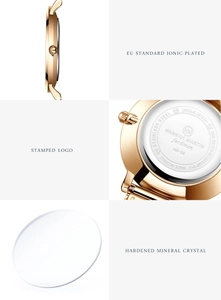 Detailed views of ultra-thin rose gold stainless steel watch case and engraved case back