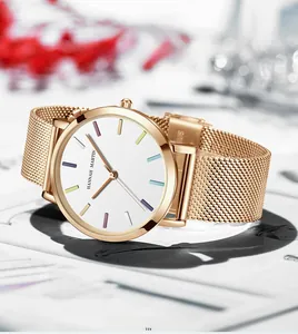 Detail of rose gold Milanese mesh strap and white dial with colorful rainbow indices