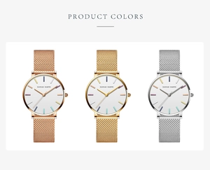 Three elegant mesh strap watches in rose gold, gold, and silver on a white background