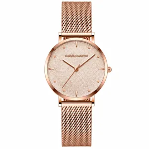 Montre à Quartz pour Femme Mode Cadran Ciel Étoilé Dépoli Minimaliste Bracelet en Maille Acier Inoxydable Imperméable