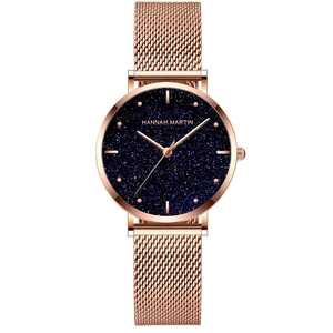 Montre à quartz minimaliste en or rose pour femme avec cadran ciel étoilé et bracelet maille