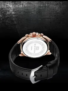 Detail view of the waterproof stainless steel case back of the men's business wrist watch