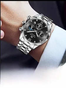 Detail of a men's business watch with multi-function dials and silver metal strap