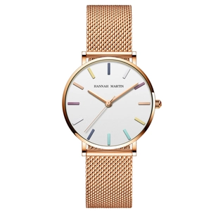 Women Fashion Quartz Watch Swiss Movement Waterproof Stainless Steel Mesh Strap Ultra Thin Minimalist Rainbow Scale Ladies Watch