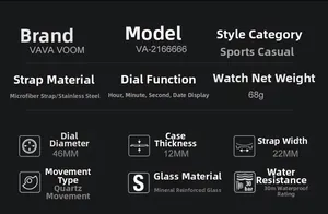 Detailed size chart for VAVA VOOM quartz watch featuring technical specifications and dimensions