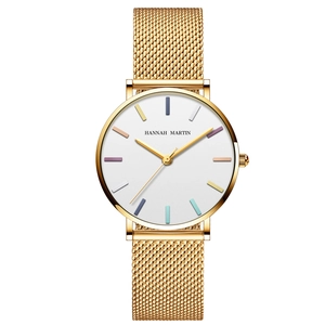 Minimalist gold mesh strap watch for women with colorful markers and white dial