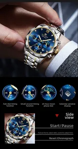 Detail view of multi-function chronograph watch with calendar and steel strap