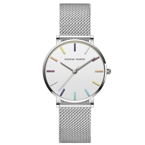 Minimalist white dial ladies watch with silver stainless steel mesh strap and colorful markers
