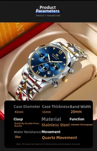 Macro view of blue dial chronograph watch with 41mm case and 3Bar water resistance