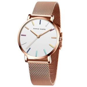 Hannah Martin rose gold quartz watch with white dial and colorful hour markers