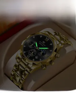 Detailed close-up showing the luminous hands and three functional sub-dials of the gold watch
