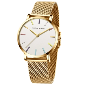 Elegant gold stainless steel mesh strap watch with colorful index markers for women