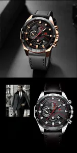 Detail view of business sports watches featuring chronographs and leather straps