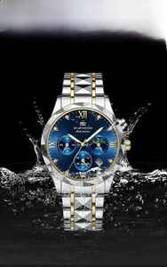 Men's waterproof quartz watch with blue dial and gold-silver steel band in splashing water