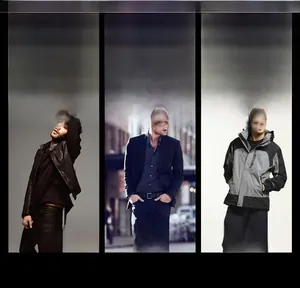 Three men's jacket styles shown in casual leather, professional business, and outdoor sport