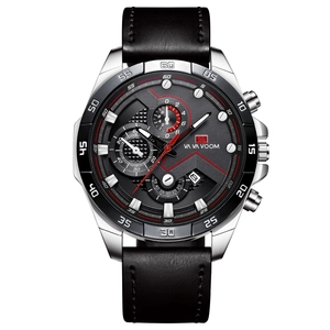 VA VA VOOM Men's luxury chronograph watch with black leather strap and date display