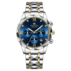 Waterproof quartz business watch with blue dial and two-tone gold-silver steel strap