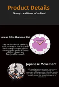 Détail du cadran fleur avec effet de changement de couleur UV et mouvement japonais