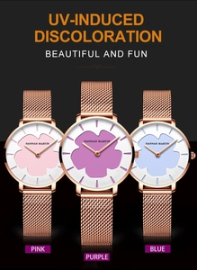 Détail de montres pour femmes avec cadran à changement de couleur UV motif fleur