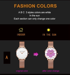 Détail du cadran sensible aux UV passant du blanc au violet sous la lumière du soleil