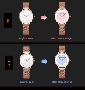 Détail du cadran floral changeant de couleur et bracelet en maille d'or rose pour femme