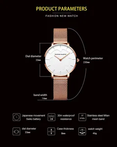 Spécifications détaillées de taille pour montre femme avec cadran à motif floral