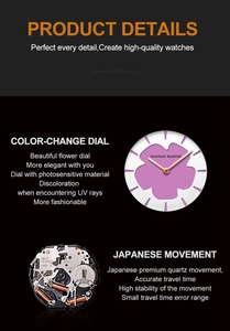 Détails du cadran tournesol changeant de couleur et mouvement à quartz japonais