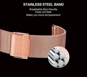 Détail du bracelet en maille d'acier inoxydable rose gold avec texture respirante et fermoir