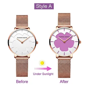Montre Hannah Martin avec bracelet en maille rose doré et cadran tournesol changeant