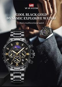 Detail view of VA VA VOOM men's black stainless steel watch with gold chronograph dials