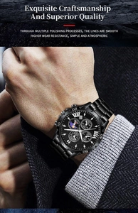 Détail macro d'une montre homme en acier noir avec chronographe et affichage de date