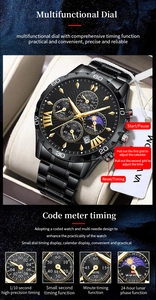 Vue macro détaillée du cadran de montre à quartz noir avec chiffres romains dorés