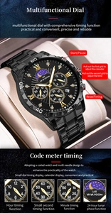 Detailed view of black stainless steel watch with three sub-dials and calendar window