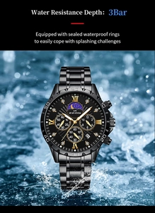 Detail of 3Bar waterproof watch with water splashes showing sealing and durability
