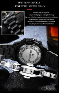 Detail view of black stainless steel butterfly buckle and 3ATM waterproof engraved caseback