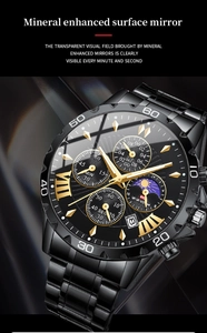Détail de la vitre minérale, des trois sous-cadrans et du guichet de date de la montre