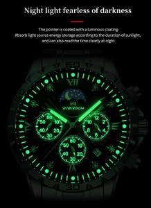 Close-up of luminous green hands and markers on a black men's sports watch in the dark