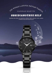 Macro view of obsidian black stainless steel watch band with classic three-row metal links