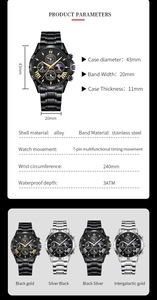 Détails du chronographe pour hommes avec boîtier en alliage 43mm et bracelet en acier