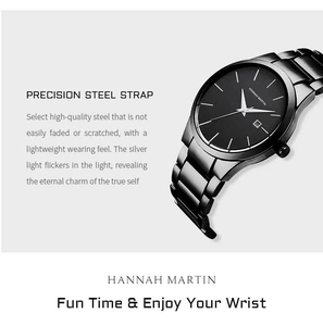 Detailed macro view of the sleek black matte stainless steel strap and quartz watch case