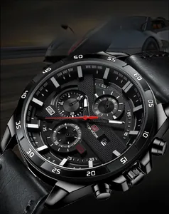 Detail of multi-function chronograph dial with red second hand and black leather strap