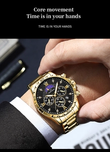 Detail view of VAVA VOOM gold chronograph watch with sun-moon phase dial and Roman numerals