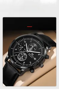 Detailed close-up of a black business chronograph watch with leather strap in a premium gift box
